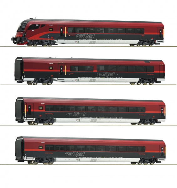 Set of 4 passenger cars Railjet Digital.<br /><a href='images/pictures/Roco/Roco-64189.jpg' target='_blank'>Full size image</a>